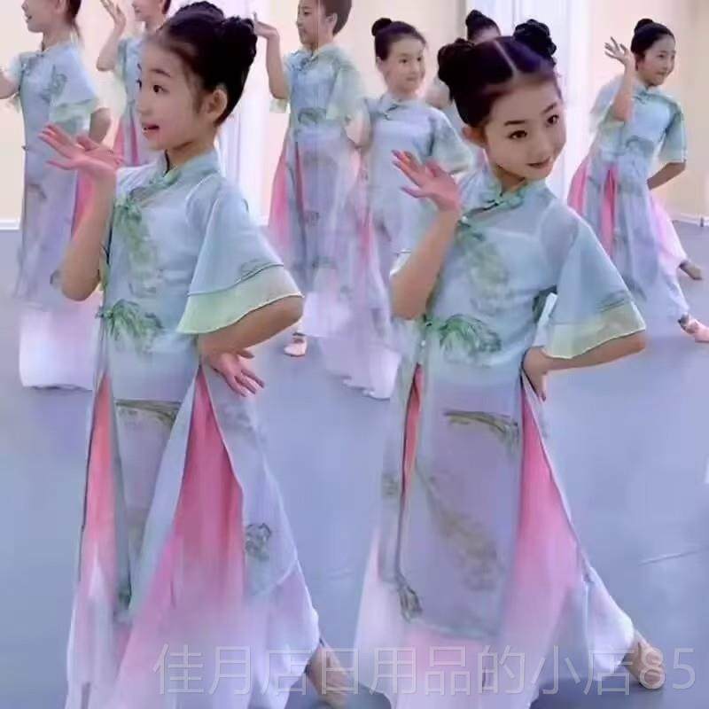 高档装儿童古典舞表演服花老师同款豆儿节典雅中式印花童旗袍练习