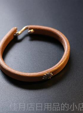 高档休高桥吾郎进口日一本枥木鞍革鞣植革925纯钩皮手环手银镯