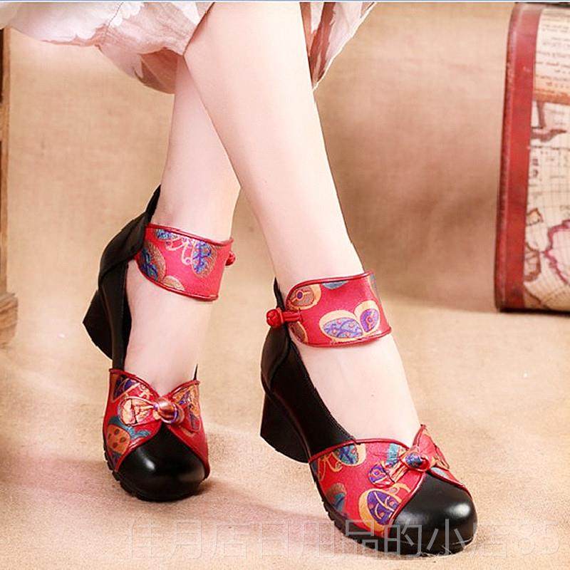 高档2025春鞋古秋新款覆族风女民鞋真皮妈妈鞋厚跟中老年皮跳舞鞋