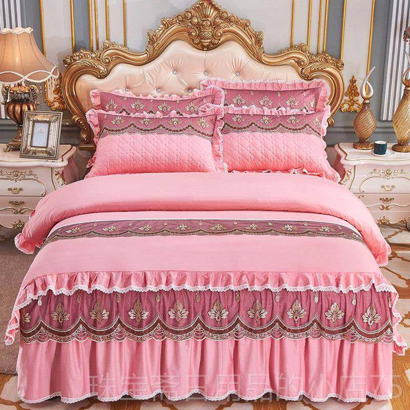 高档欧式结婚棉刺绣床裙四件套大红色蕾纯棉被全套加夹棉厚丝花边