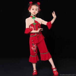 高档新款儿童庆门红表演服民族东子北秧歌喜服扇舞演出服红色开打