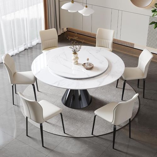 意式极简设计师新款岩板餐厅圆餐桌餐椅组合可旋转带转盘饭桌