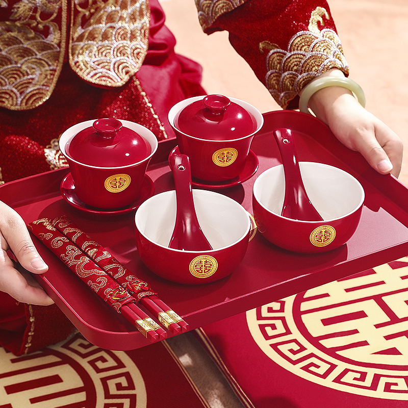结婚敬茶杯套装婚礼陪嫁新人改口一对中式喜杯子高档红色茶具碗筷