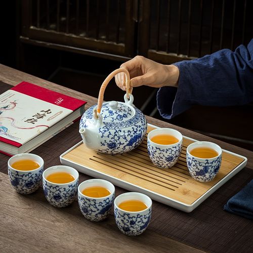 功夫茶具套装青花瓷提梁茶壶茶杯整套家用1壶6杯家用中式水壶水杯