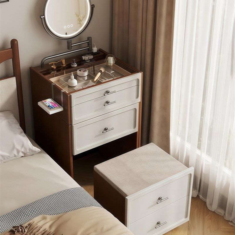 中古奶油风梳妆台小户型50cm迷你可伸缩收纳柜多功能卧室床头柜