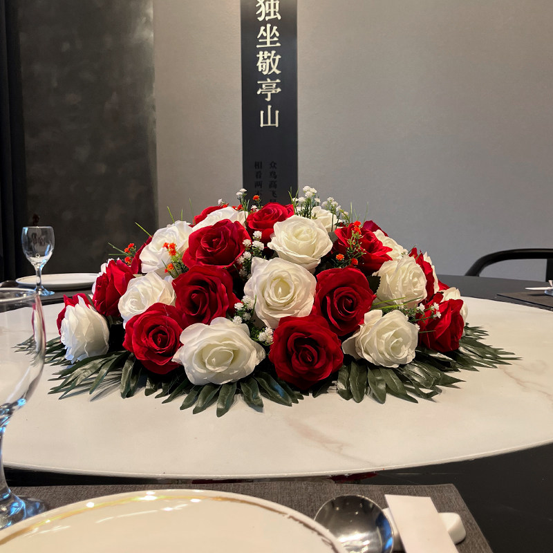 酒店餐桌花摆花仿真花大圆桌中间摆件高端餐厅摆放装饰花转盘假花