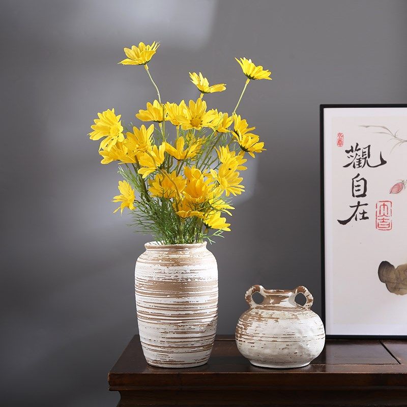 中式复古花瓶粗陶花器陶罐手工做旧干花插花小花瓶展示柜陶瓷摆件