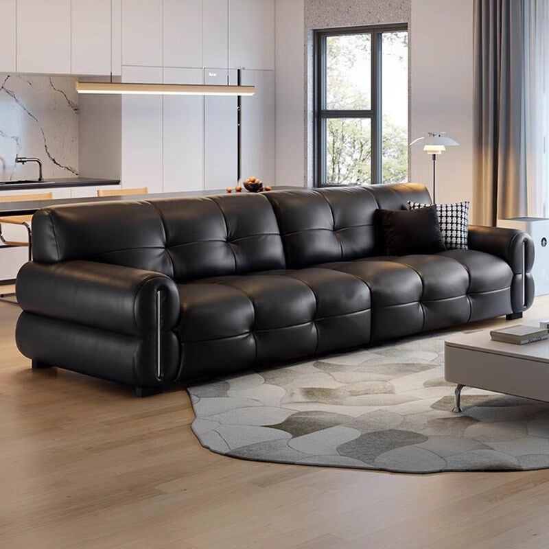 羽林木业意式极简沙发铁艺客厅直排多人位黑色棉花糖复古牛皮沙发