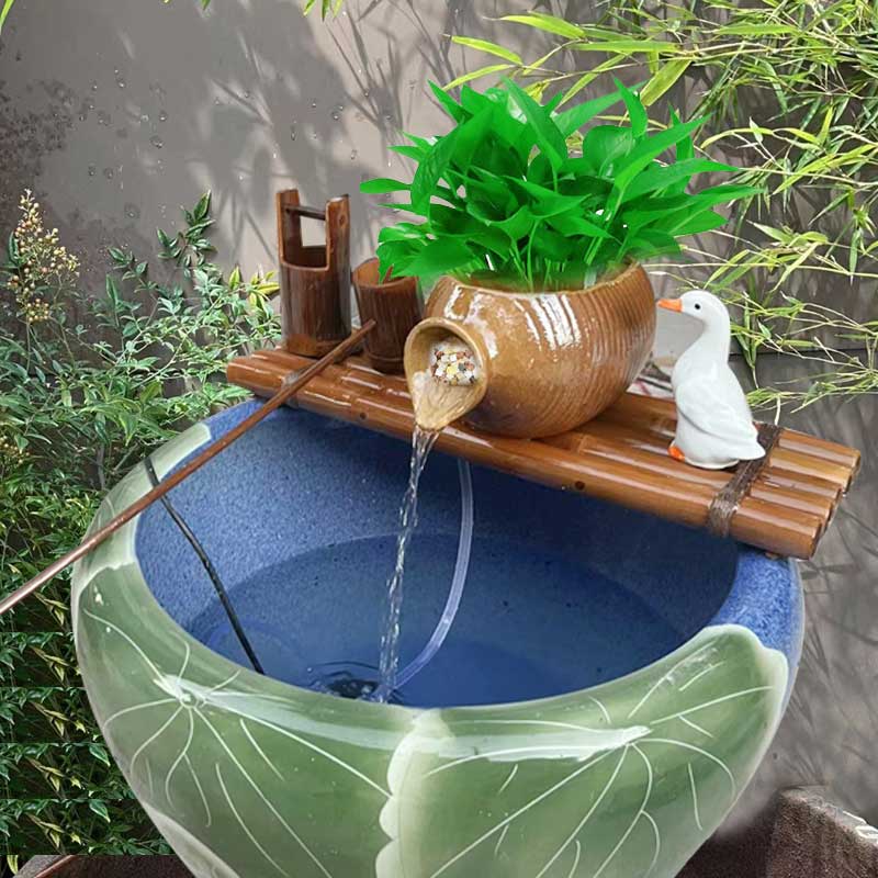 陶瓷鱼缸循环水流摆件葫芦陶罐竹子流水器过滤三合一增氧净水专用