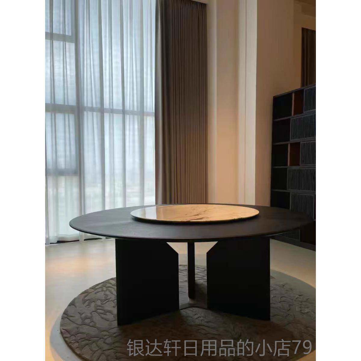 高档北欧实木餐餐桌圆桌现代简约家用形桌意式岩圆板转盘餐桌转圆