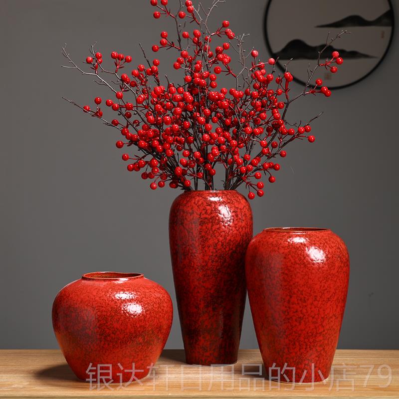 高档客婚景德陶瓷花瓶家居装饰厅摆件庆插花瓷瓶台面镇红色复古陶