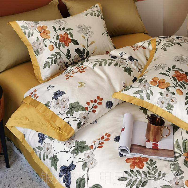 高档四田园风美式全棉80纯支长绒棉件套棉印上花贡缎床笠款床单床