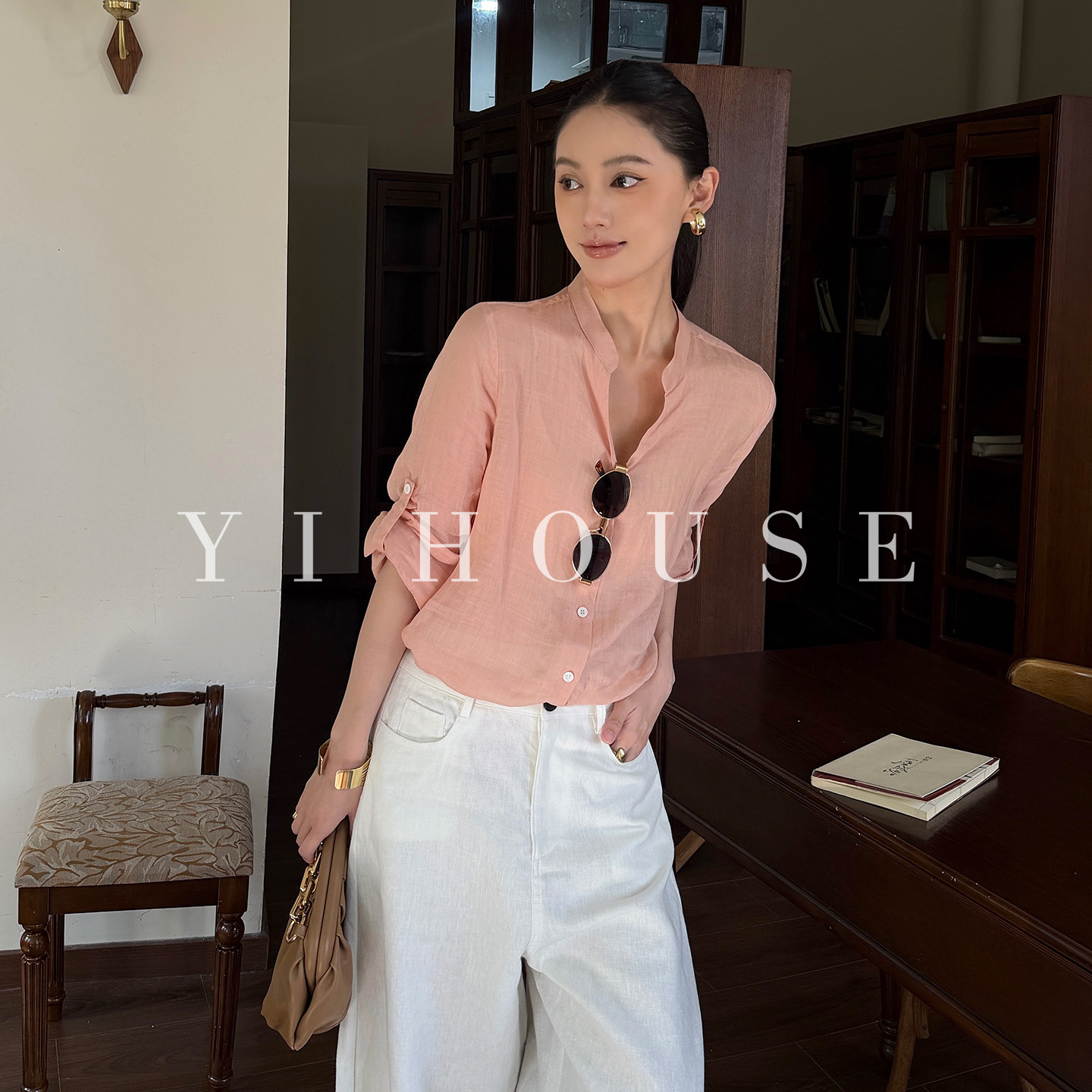 Yihouse老钱风苎麻长袖衬衫度假