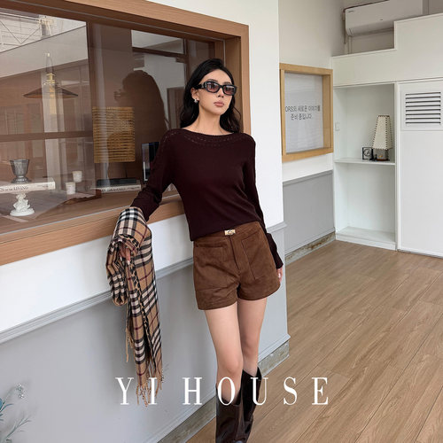 YIHOUSE复古仿麂皮绒短裤女高腰双口袋A字阔腿休闲靴裤K609Y0362