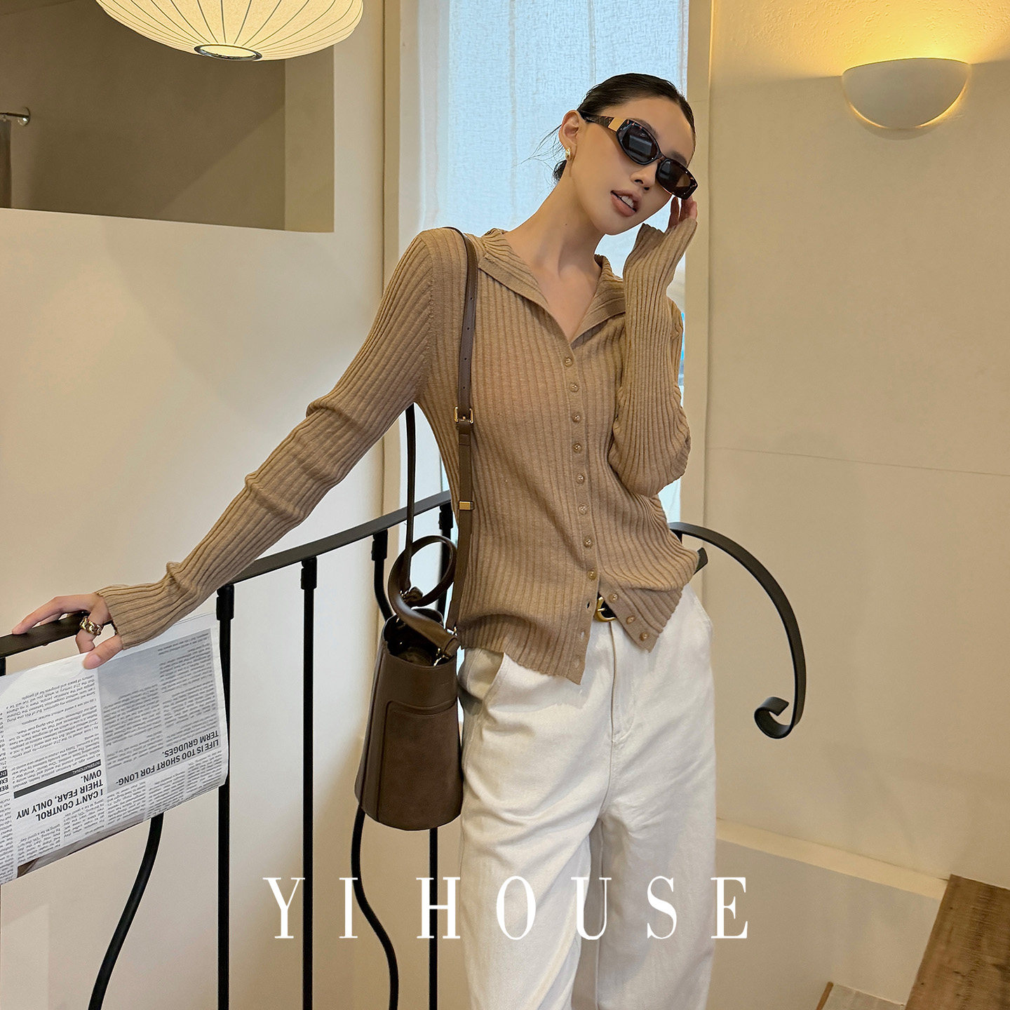 YIHOUSE早秋老钱风V领针织开衫
