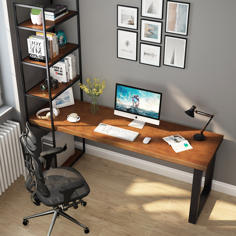 loft书房写字桌双人电脑桌简约书桌书架一体桌书柜实木书桌长条桌