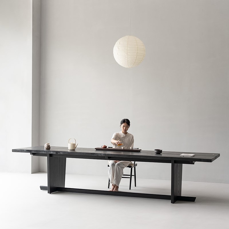 叁几 侘寂风碳化实木大板茶桌白蜡木餐桌家用黑色客厅大长书桌子