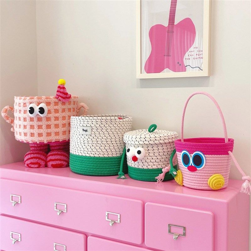 框框电视柜收纳筐桌面客厅茶几带盖零食储物盒大眼多巴胺编织筐