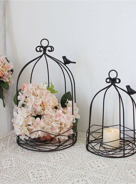 黑色装饰鸟笼铁件烛台复古套二简约家居饰品装饰摆件可挂多肉花盆