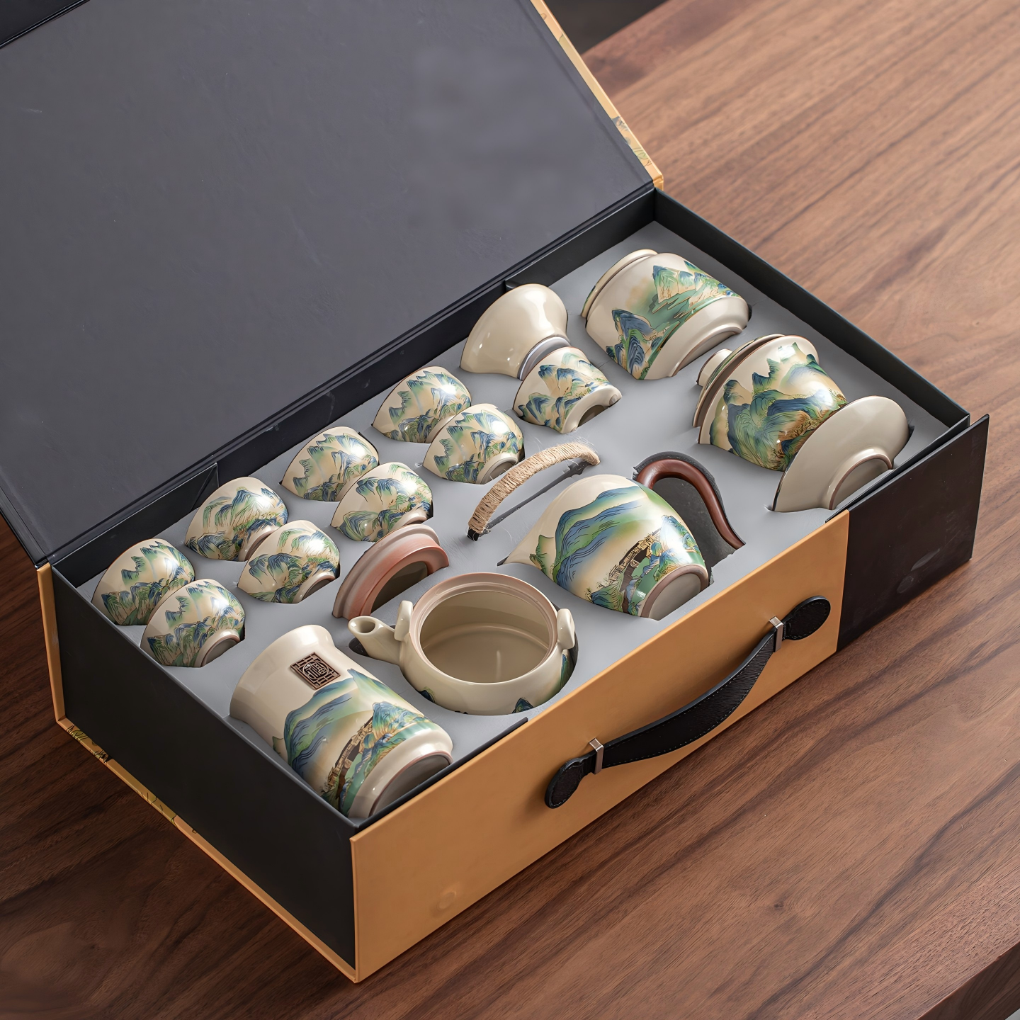 汝窑千里江山陶瓷功夫茶具套装高档礼盒装送礼家用整套茶壶茶杯