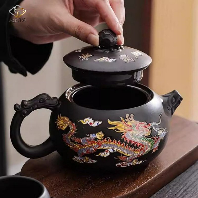 遇热变色紫砂茶壶单壶功夫茶具耐热陶瓷龙纹凤鸣壶泡茶壶茶具套装