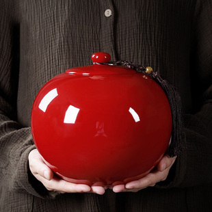 红色陶瓷茶叶罐礼盒精品圆形罐密封罐储存罐家用百搭大容量茶罐