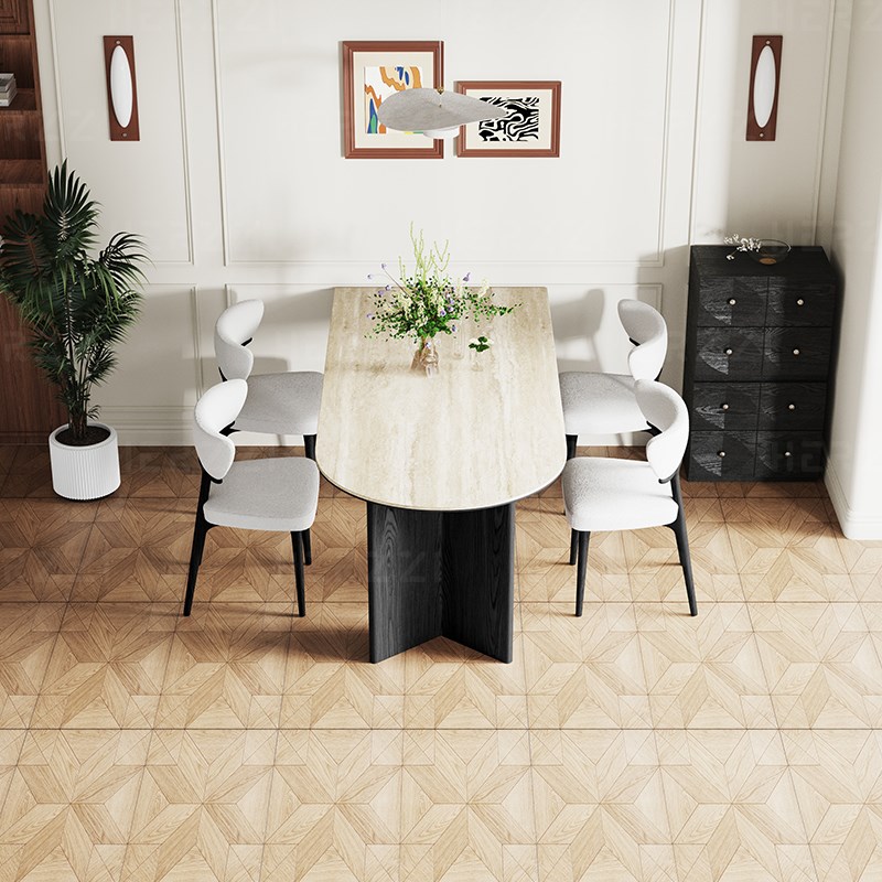 HERZZI德利丰洞石岩板小户型靠墙半圆形实木餐桌家用中古风吃饭桌