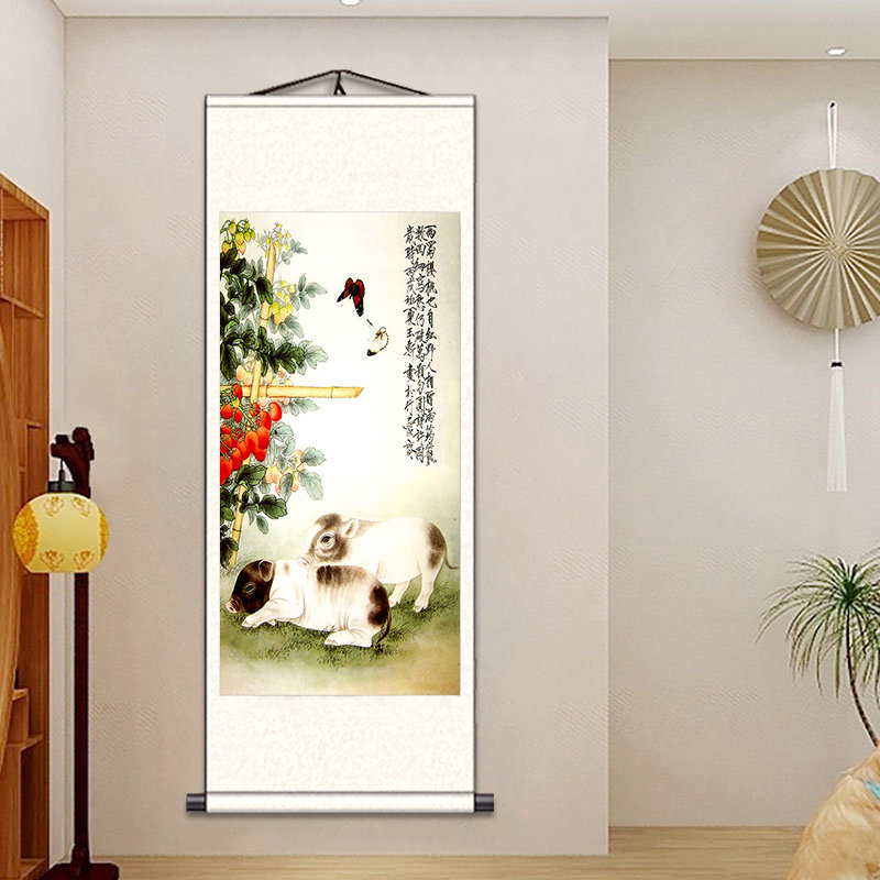 国画猪图小黑猪生肖动物装饰画十二生肖画猪年挂画卷轴挂画礼品画