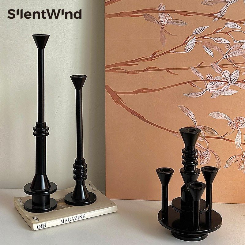 SilentWind寂风生活 法式复古实木蜡烛台黑色餐桌氛围感装饰摆件