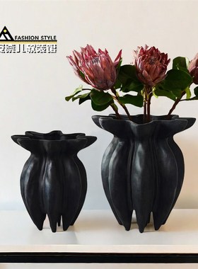 黑色花苞形花瓶设计师款落地插花器酒店民宿样板间侘寂风艺术摆件