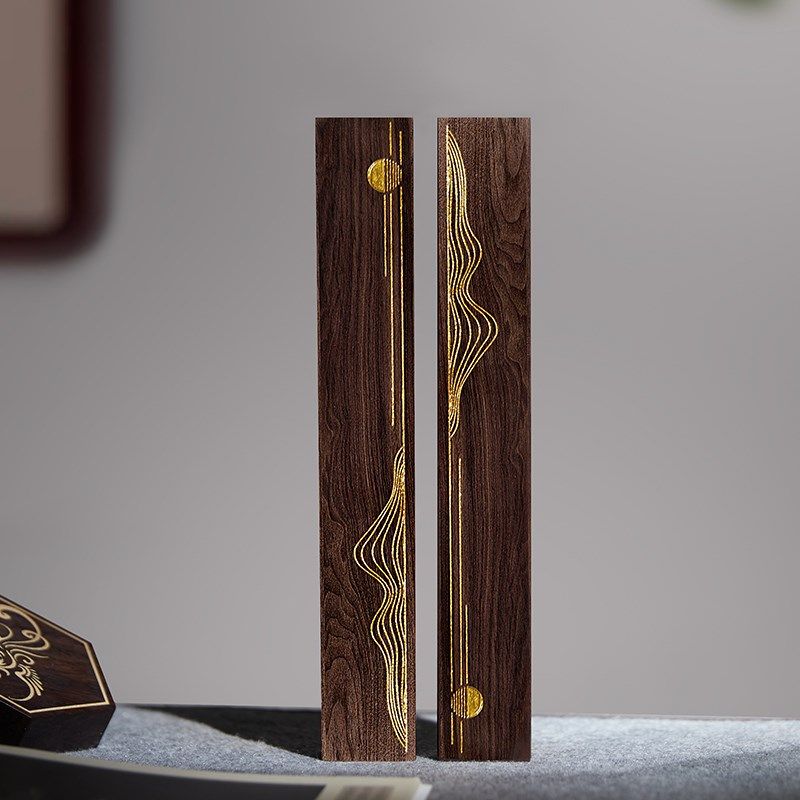 兰斋黑檀木书法镇纸原木镶嵌工艺压纸条镇尺实木文房四宝压书石创