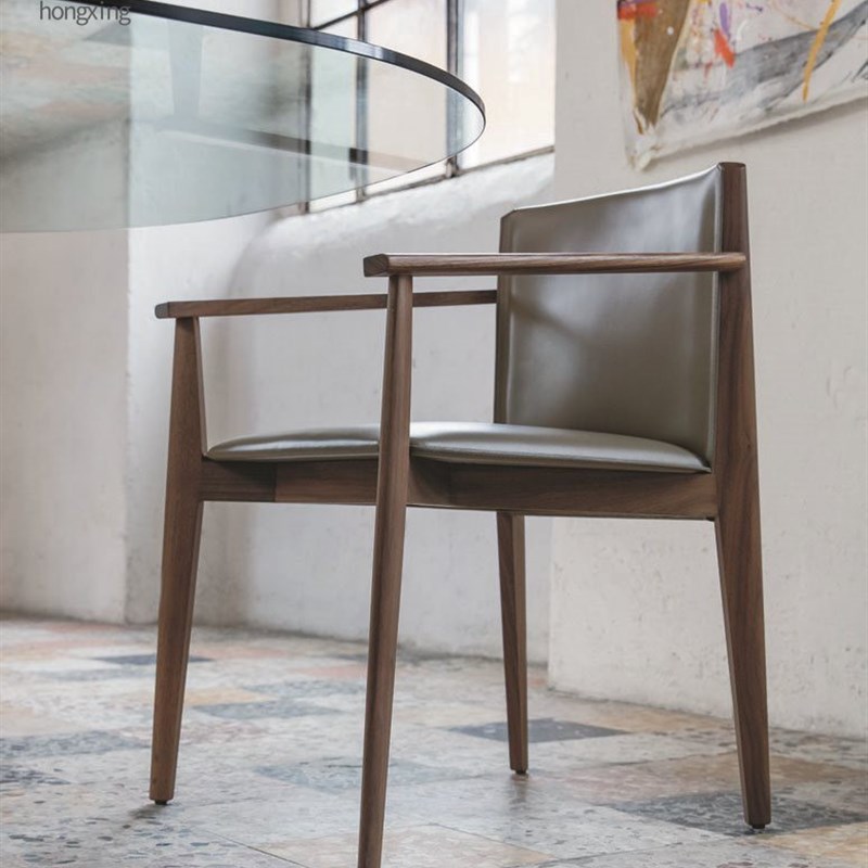 PORD北美黑胡桃木餐椅家具马鞍皮现代餐桌椅书桌椅意式靠背极简