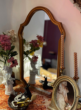 画玩美法式复古实木化妆镜家用卧室桌面梳妆台镜卫生间镜子壁挂