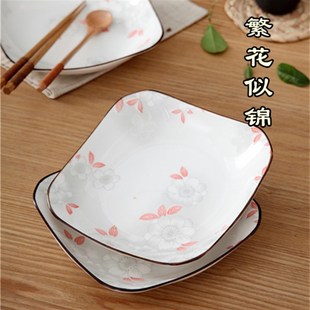 繁花似锦釉下创意陶瓷盘子餐具装色釉家用圆盘碟四方盘子菜盘