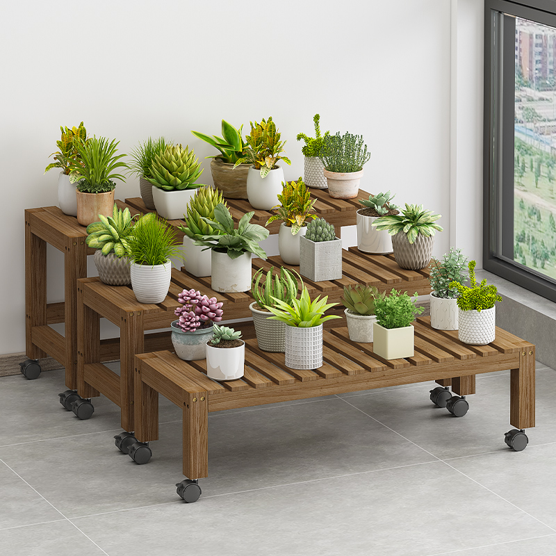 定制花架带滑轮花盆加高万向轮移动花架带轮可移动花盆单层实木