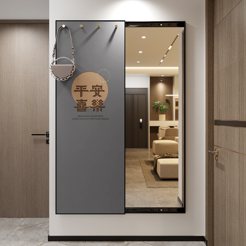 全身镜可关闭推拉折叠镜子悬挂隐藏试衣镜原木风穿衣镜可壁挂贴墙