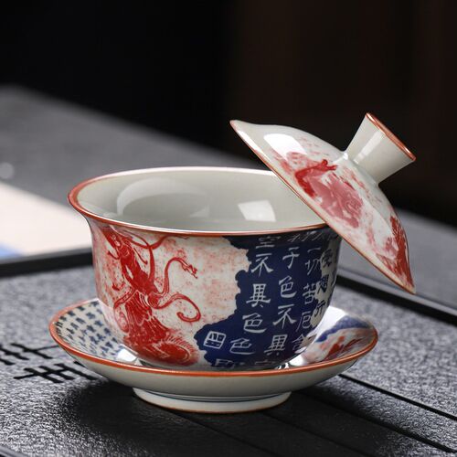青花悬停三才盖碗茶杯仿古敦煌功夫茶具单个高端茶碗带盖陶瓷家用