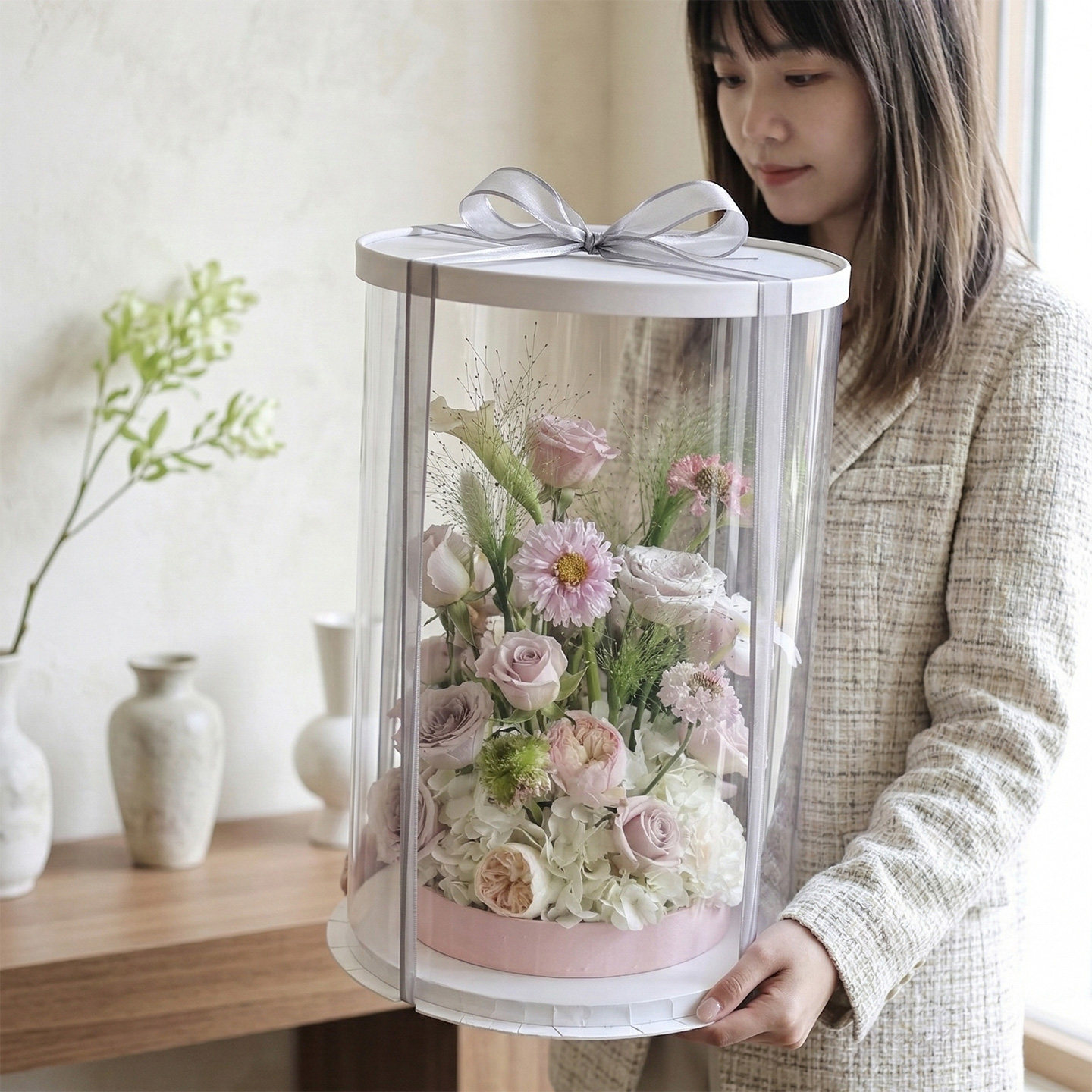 网红圆形透明礼盒水晶有钱花抱抱桶七夕情人节玫瑰鲜花蛋糕包装盒