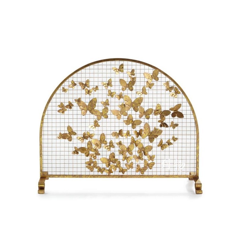 客厅欧式铁艺蝴蝶壁炉架真火防火护栏带网金色壁炉罩屏风带网隔断