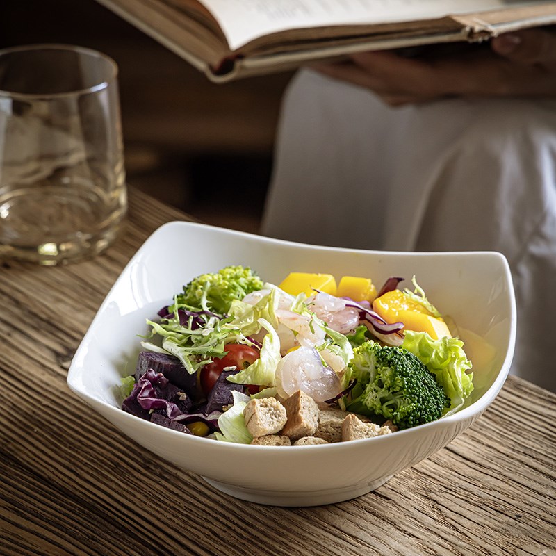 白色四角盘子家用餐盘菜盘西餐盘水果沙拉盘简约陶瓷翘脚碗凉菜碗