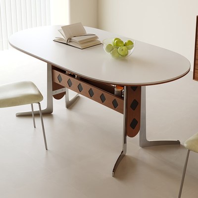 中古风纯白岩板餐桌长方形家用餐桌椅椭圆形实木大小户型餐台