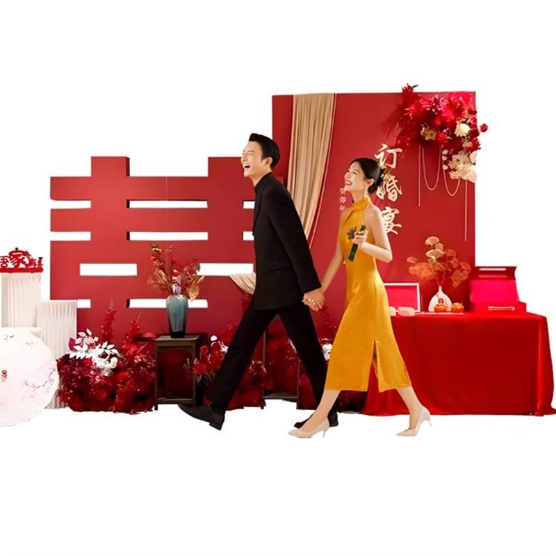 中式订婚宴布置装饰喜字简单大气高级感摆件台全用品背景墙kt板