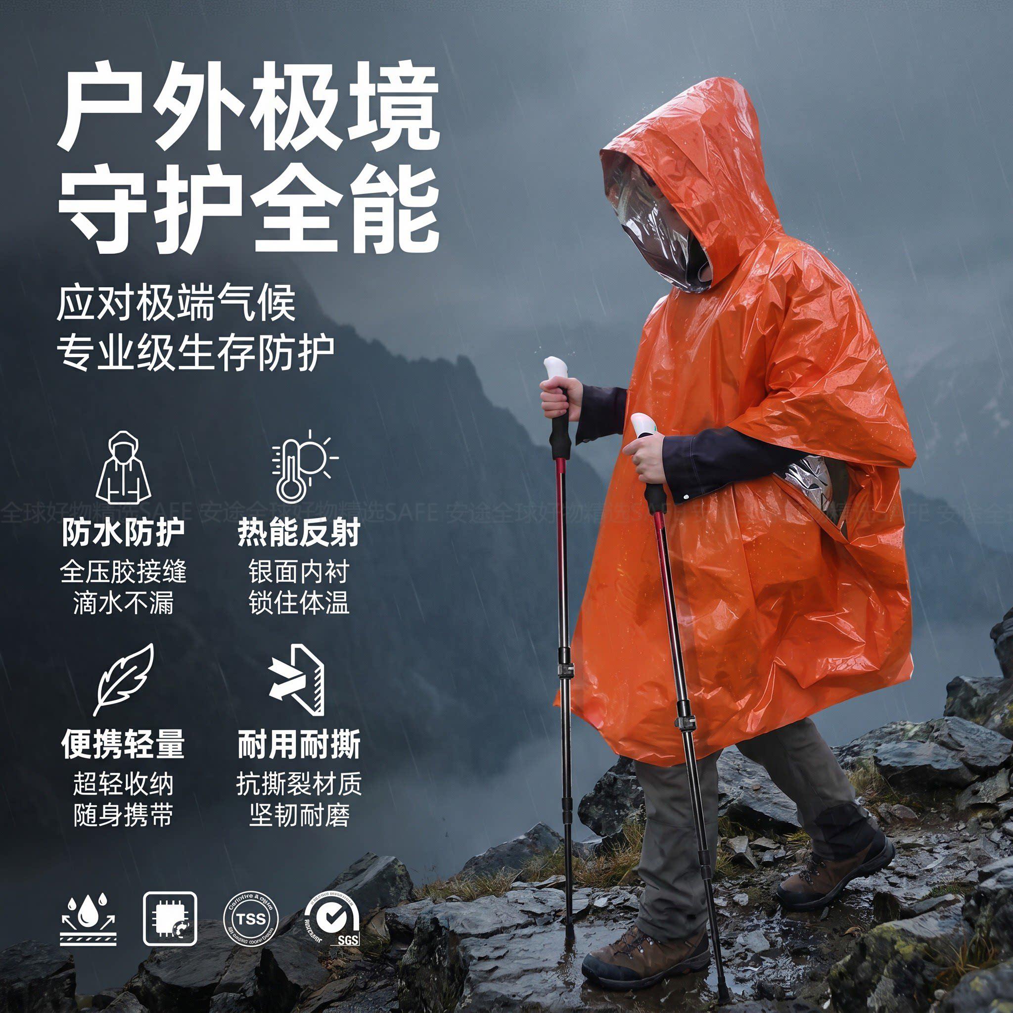 可携式铝箔野外求生应急防水保暖防失温防寒冻雨衣露营登山应急