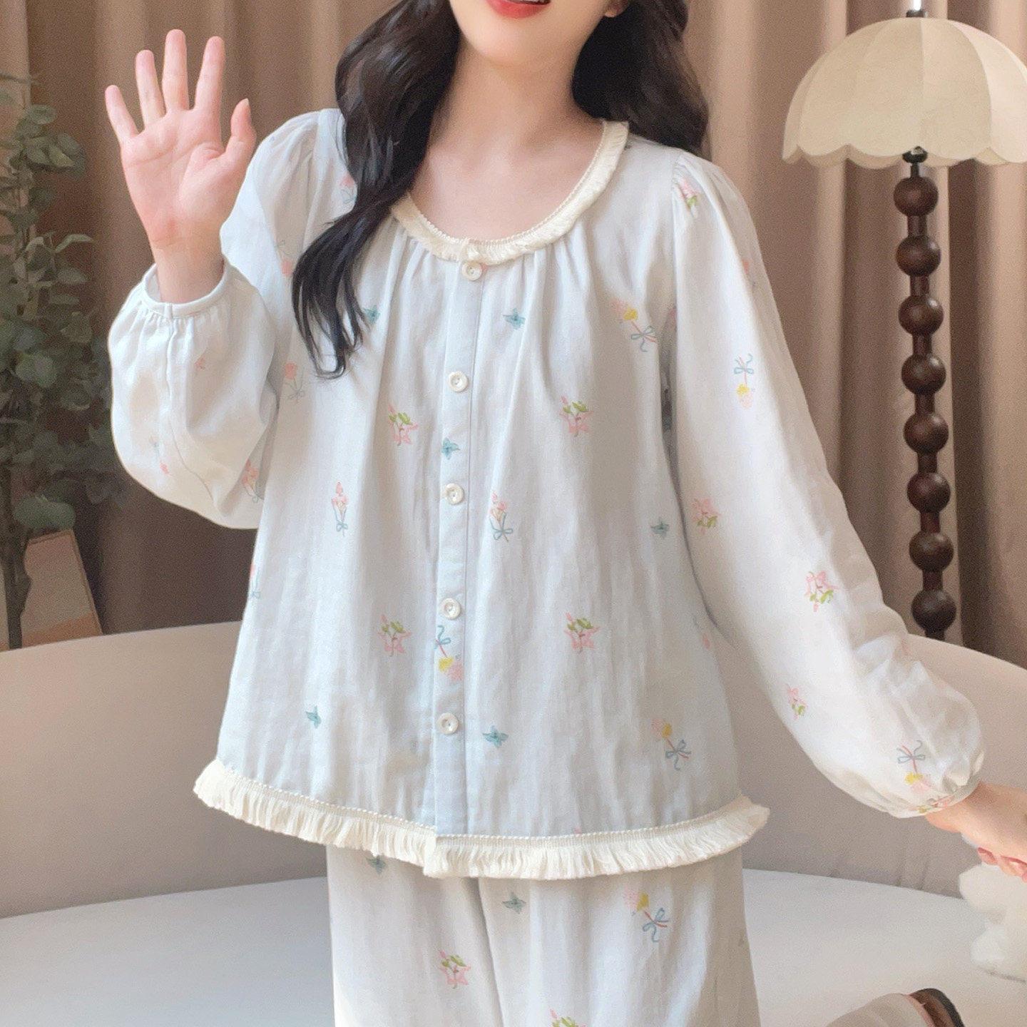 花束印花睡衣女士春秋季甜美长袖棉纱可外穿公主家居服套装薄