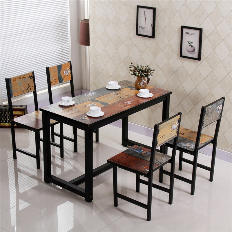 复古快餐桌椅组合一桌四椅快餐店桌椅奶茶店吃饭桌子简约做旧餐桌