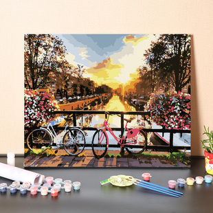 数字油画diy手工填充荷兰阿姆斯特丹日出风景手绘画画涂色油彩画