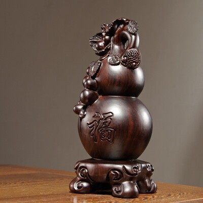 黑檀实木雕刻福禄葫芦摆件红木家居客厅书房办公寓意装饰工艺礼品