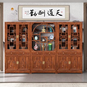 中式实木带门书柜书架新款三组合榆木展示柜玻璃书房办公室用古