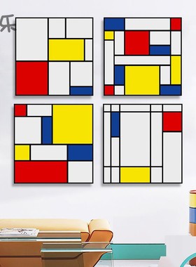 蒙德里安装饰画客厅房间抽象几何艺术挂画红黄蓝色块餐厅壁画