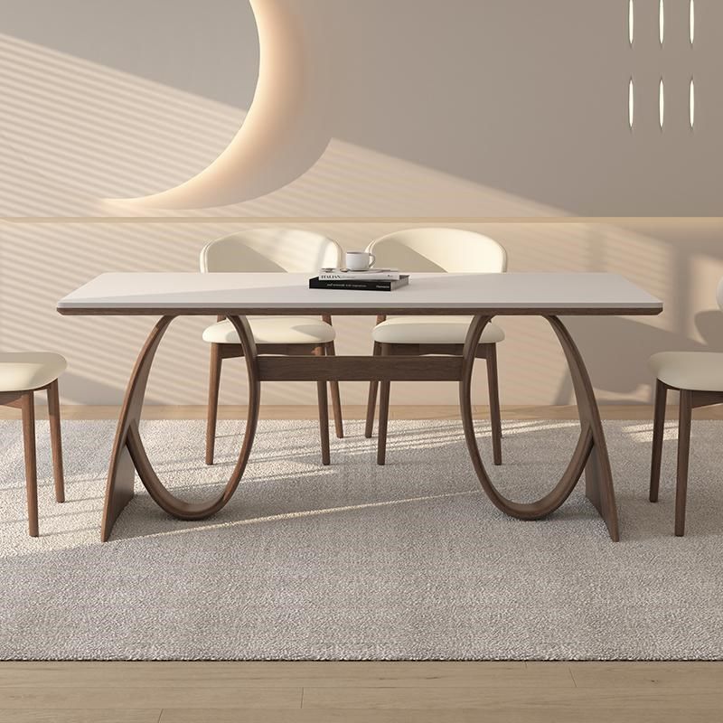 德利丰实木岩板餐桌家用胡桃木色奶油中古风高级感全托小户型桌子